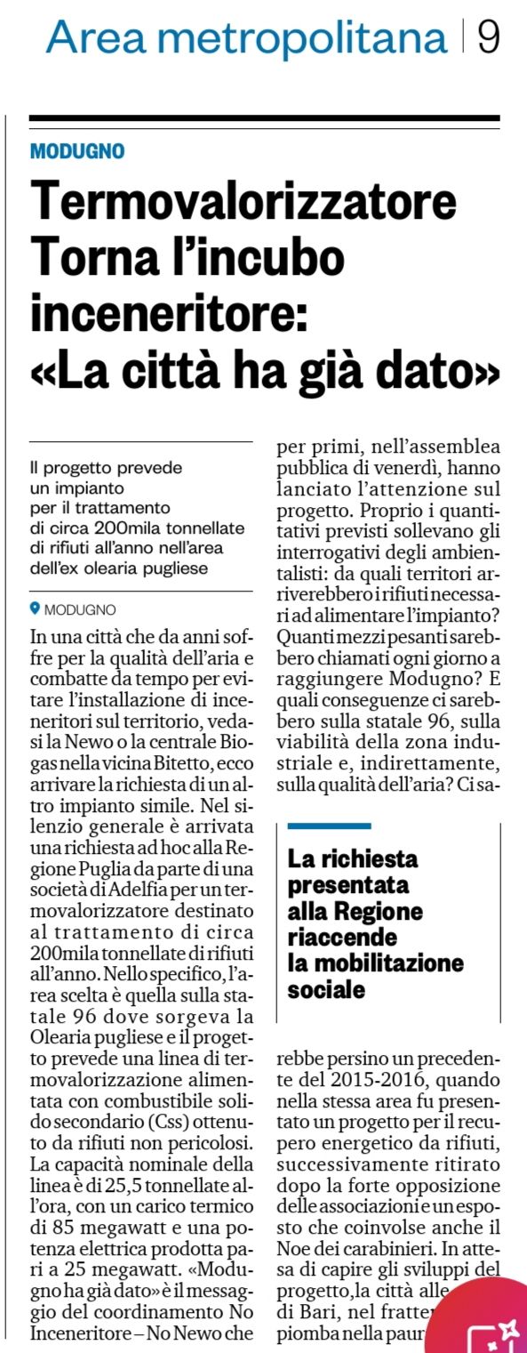 Possibile inceneritore a Modugno?
https://www.facebook.com/share/p/1DsjDiVdoG/

Ringraziamo Ledicola.it