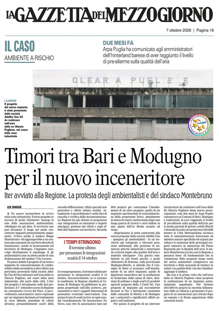 Rassegna Stampa Modugno. Noi siamo contro qualsiasi forma di inquinamento e gli inceneritori ne sono…